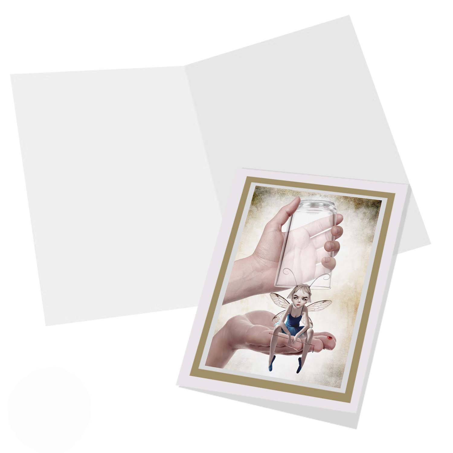 Fairy greeting card open to show the inside blank, featuring quirky lowbrow art of a fairy with a sewing needle on the front.