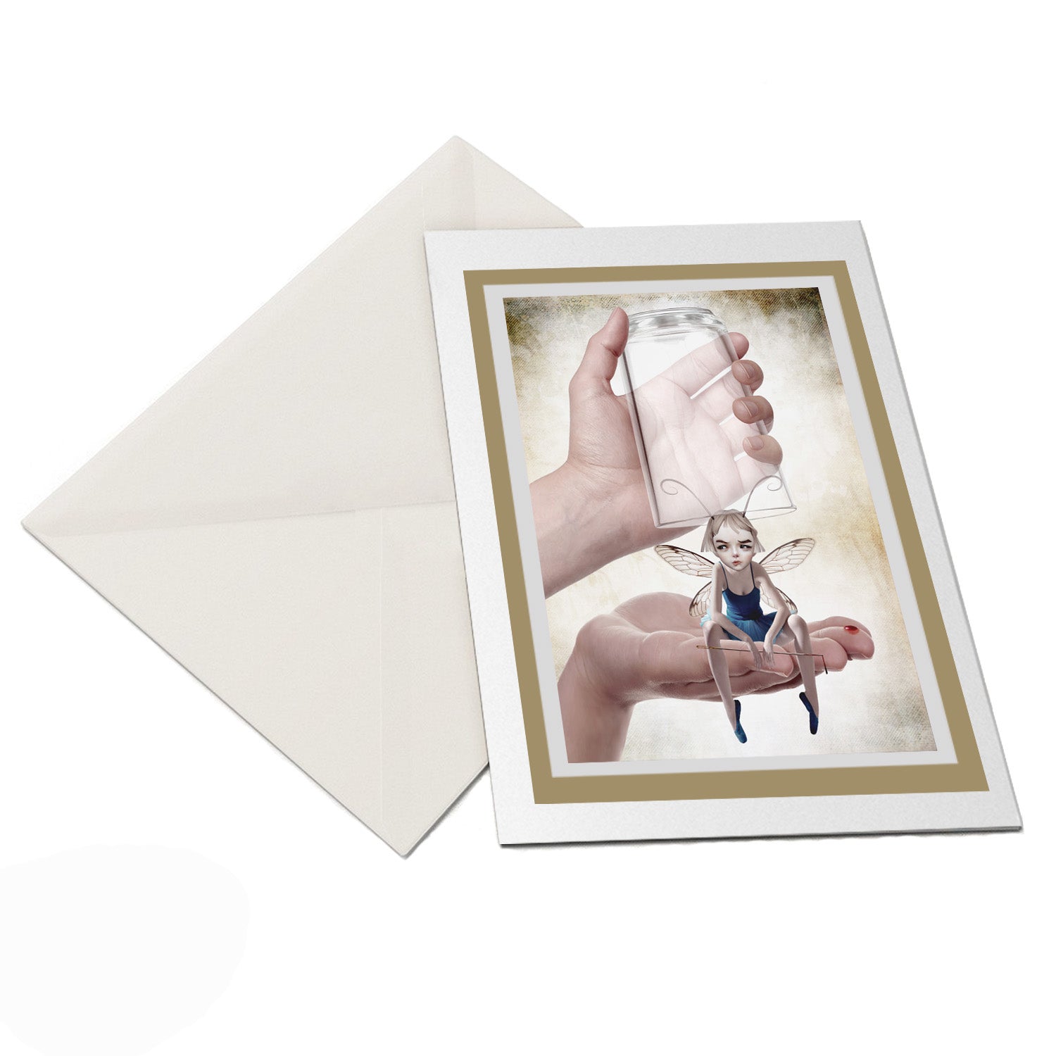Flat lay of fairy greeting card and white envelope, featuring quirky lowbrow art of a fairy with a sewing needle.