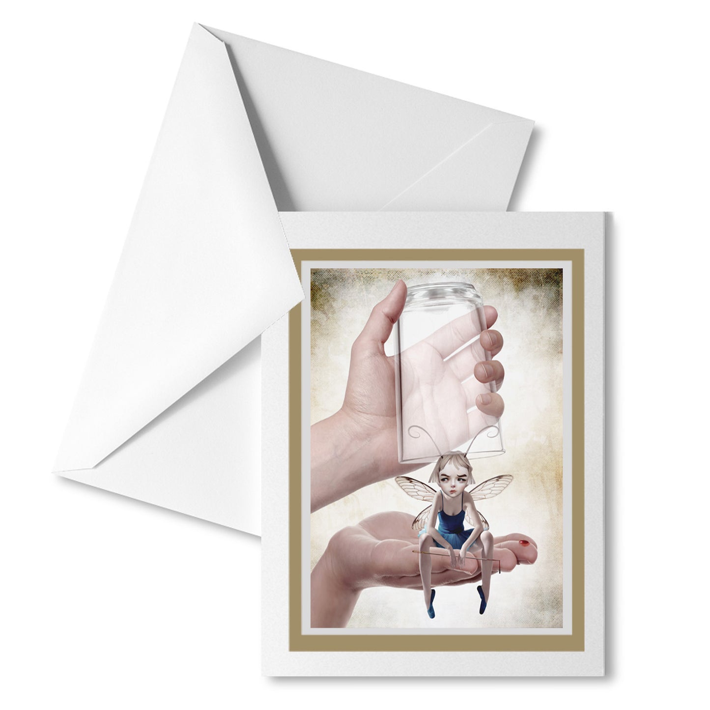 Fairy greeting card with white envelope, featuring quirky lowbrow art of a fairy with a sewing needle.