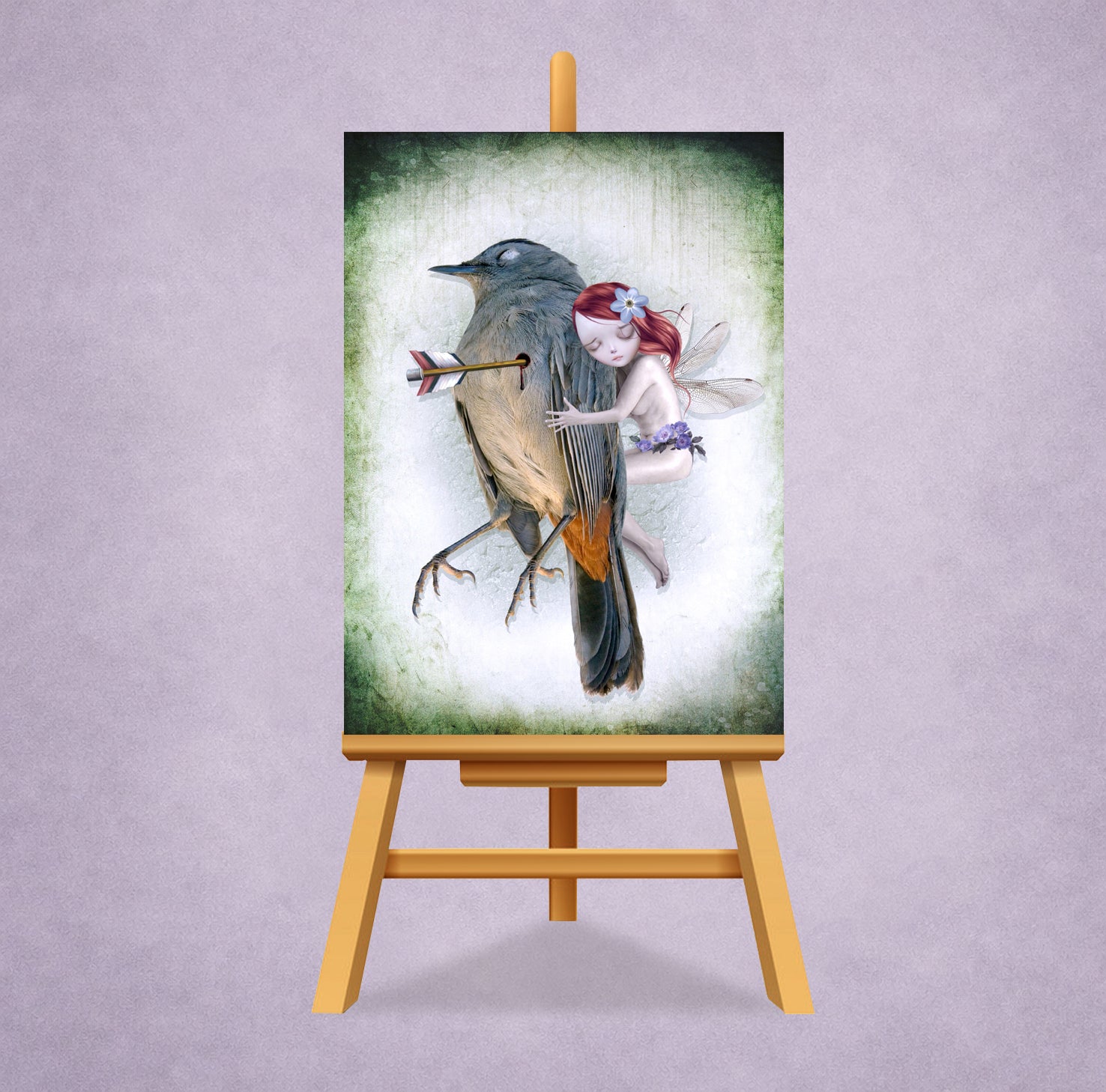 Dark fantasy ACEO art card on a miniature display stand featuring a whimsical fairy comforting a wounded songbird