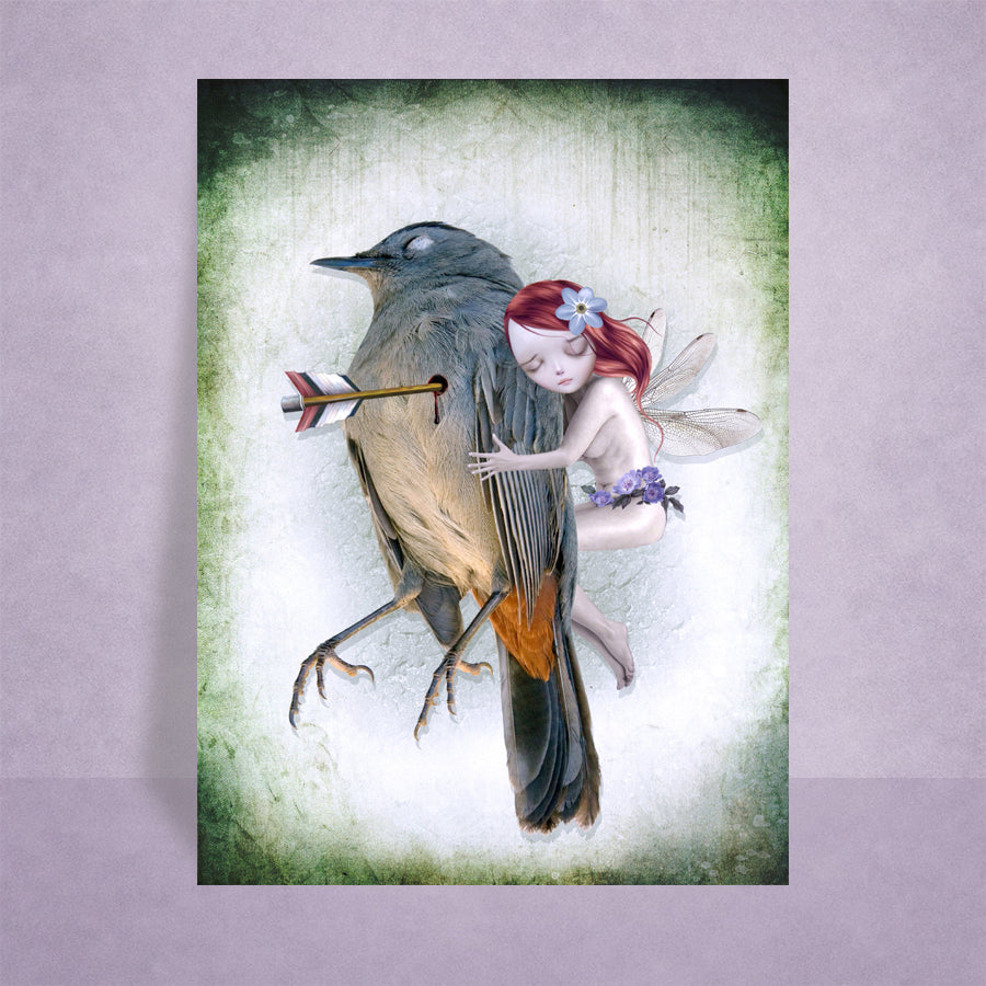 Dark fantasy ACEO art card on a lilac background featuring a whimsical fairy comforting a wounded songbird