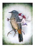 Fairy with red hair and a flower in her hair hugging  a songbird with an arrow in its chest, against a textured green and white background.