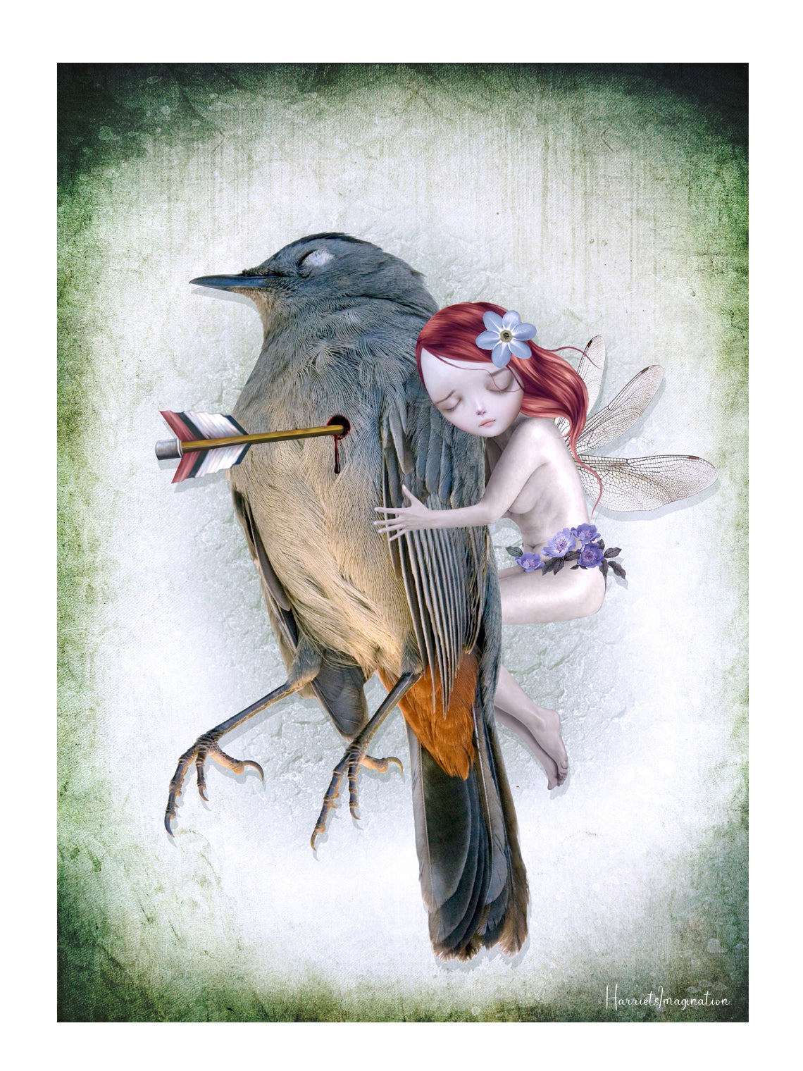 Fairy with red hair and a flower in her hair hugging  a songbird with an arrow in its chest, against a textured green and white background.