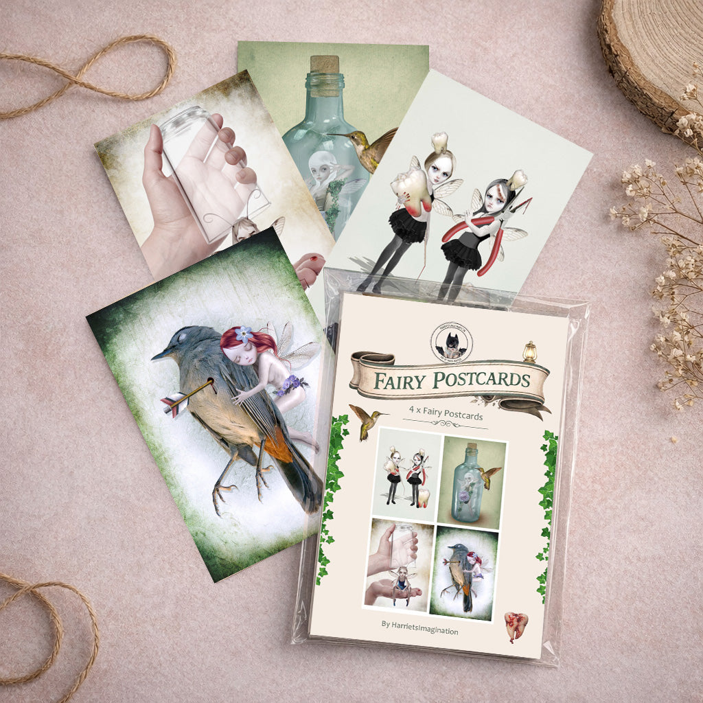 Fairy art postcard set featuring 4  fairy themed postcards.
