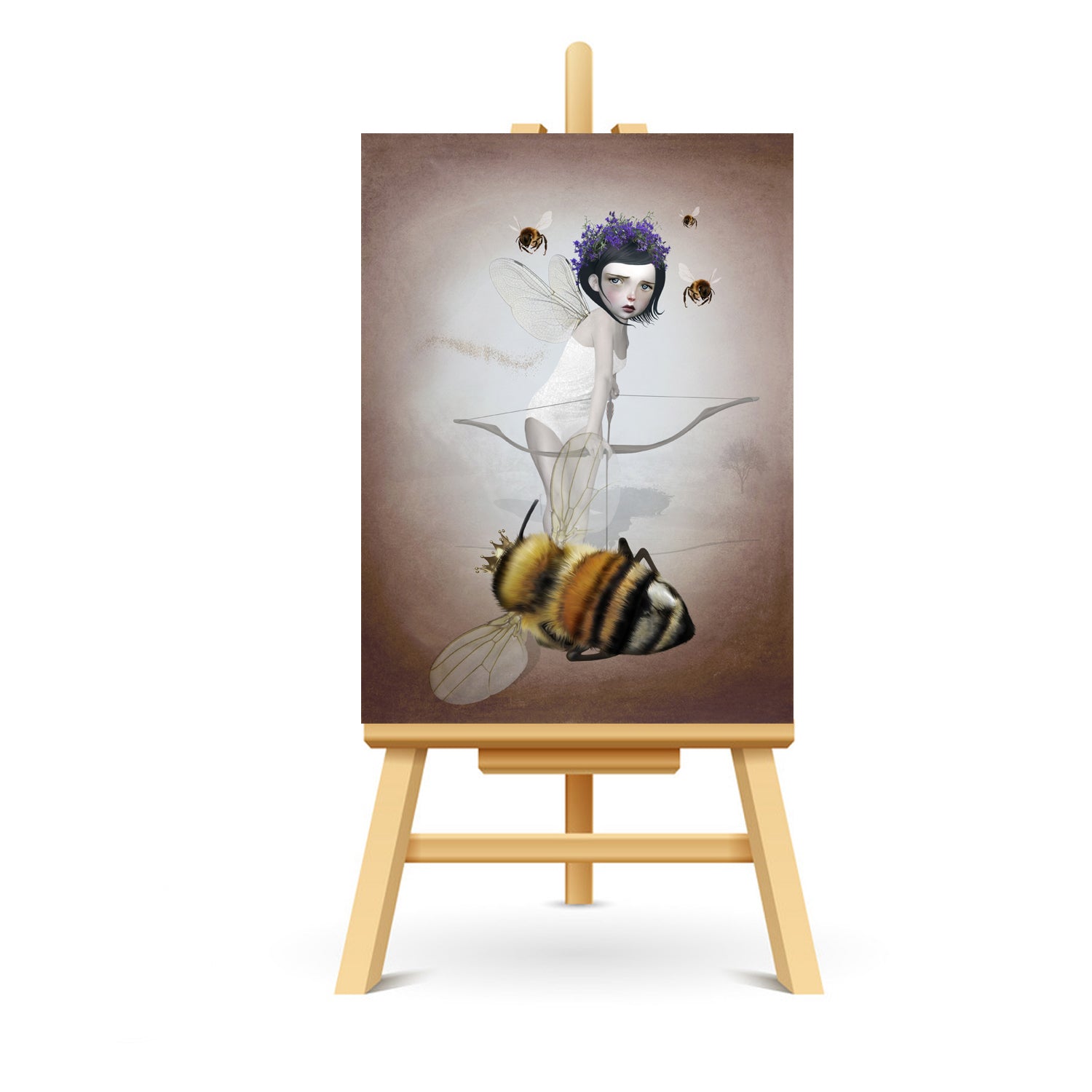 Fairy with Queen bee ACEO art displayed on a stand. Miniature art print showcasing fantasy style.