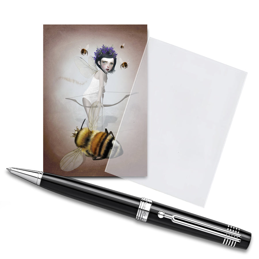 Fairy with Queen Bee ACEO Card in Clear Sleeve with Pen – Fantasy Miniature Art Display