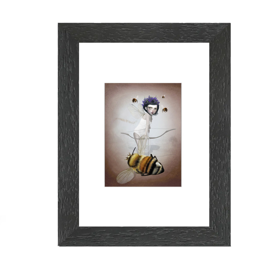 Framed ACEO print of Fairy and queen bee, featuring fantasy artwork perfect for home decor or art collectors.