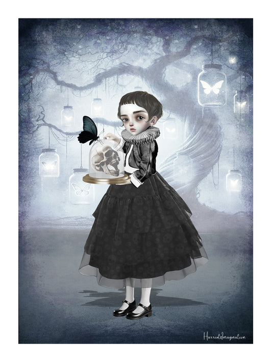 A detailed Fantasy Girl and Skull art print, showcasing Memento Mori symbolism, available as an unframed art print for a bold, thought-provoking decor piece.