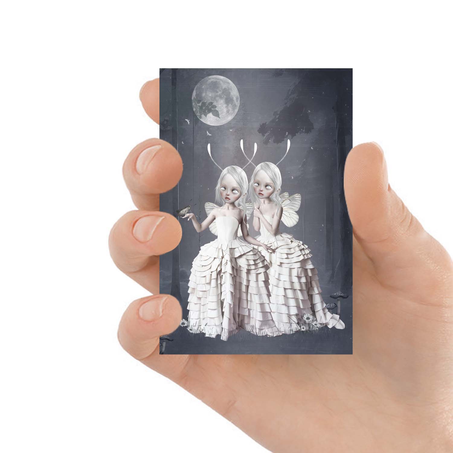 Moth ACEO, depicting two moth sisters in an enchanted forest beneath the moonlight encountering a Moth. and are in awe at its beauty. 