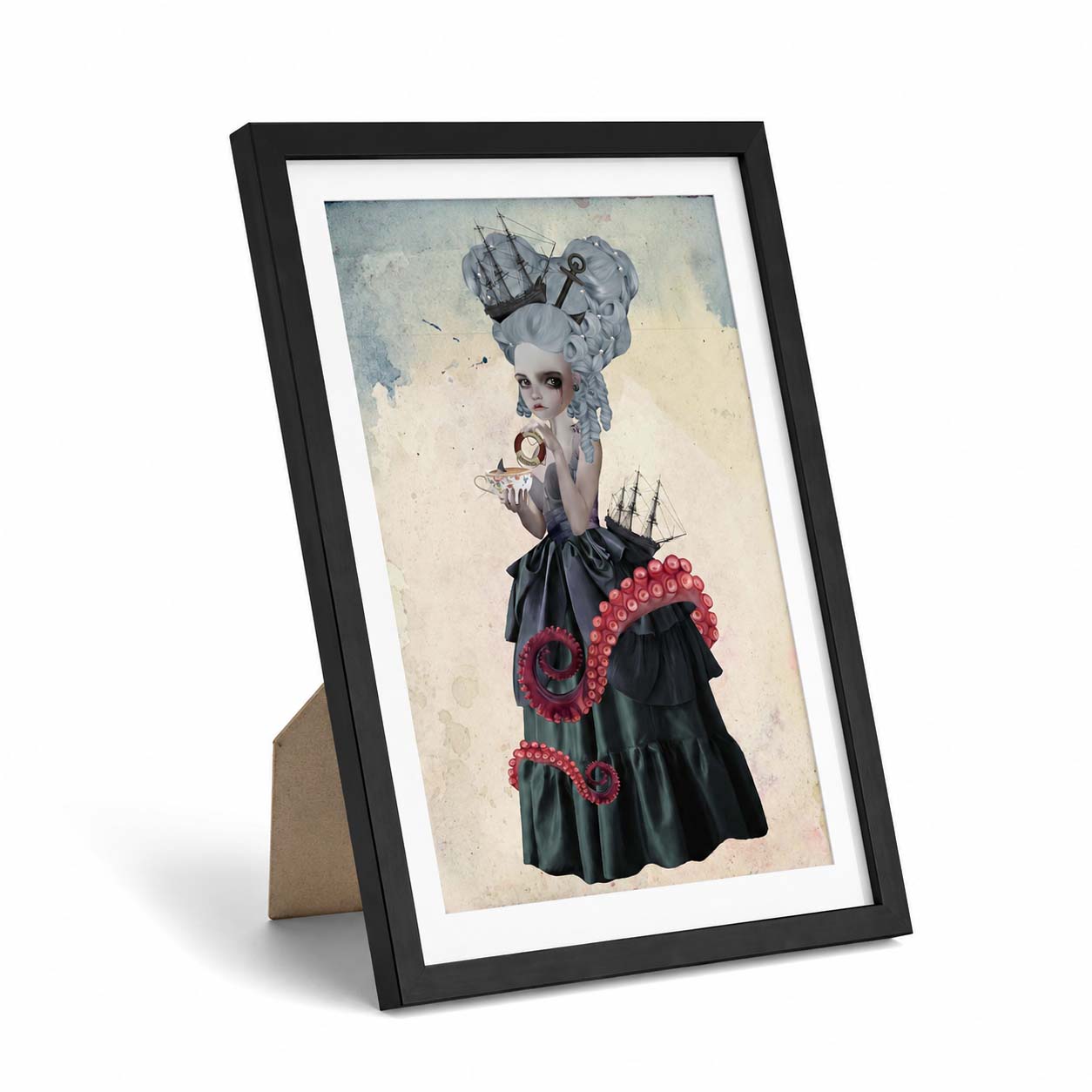 Framed artwork of a woman in a dark dress with red accents and an octopus, on a white background.