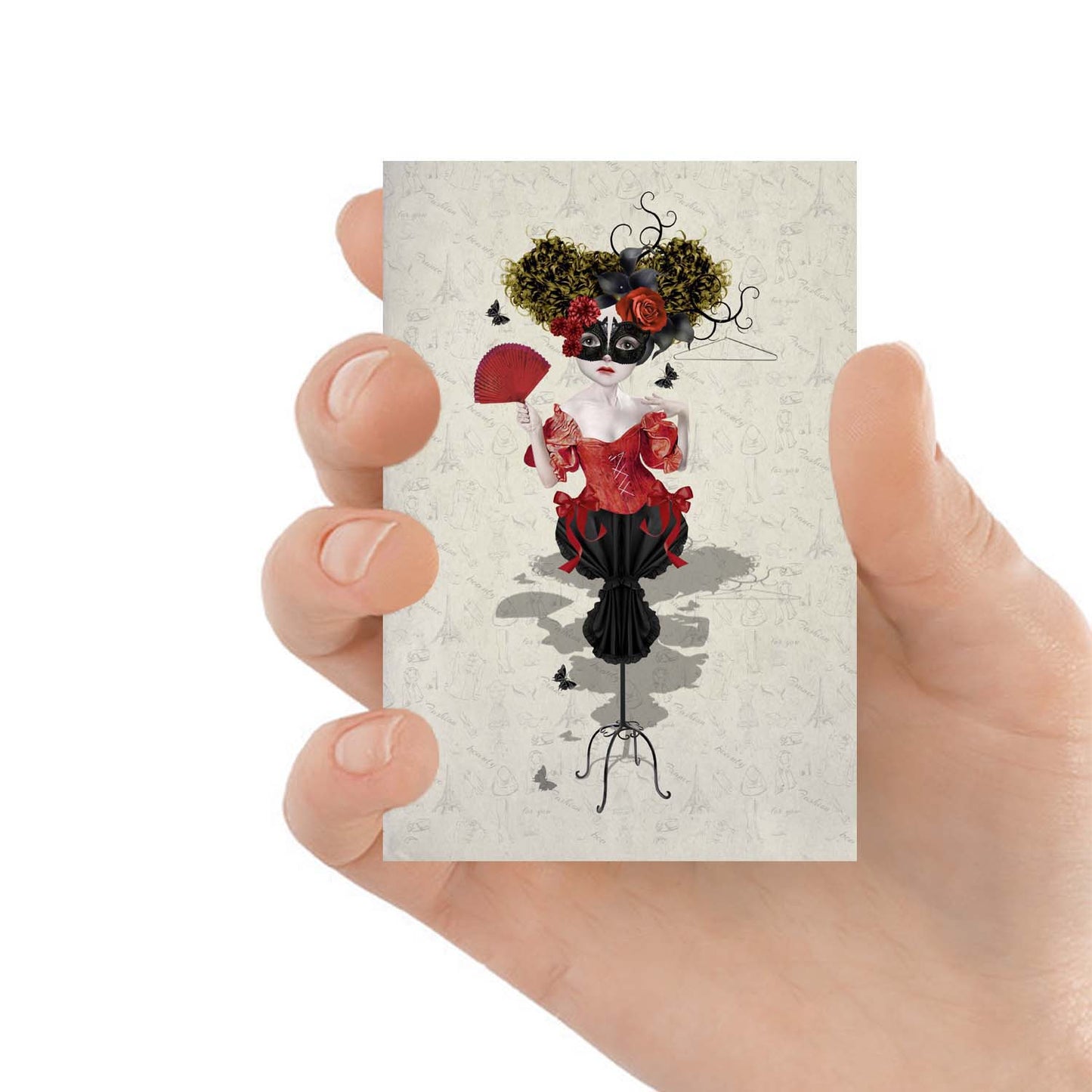 ACEO art card featuring a fashion mannequin, held in hand to showcase the miniature size and quirky design.