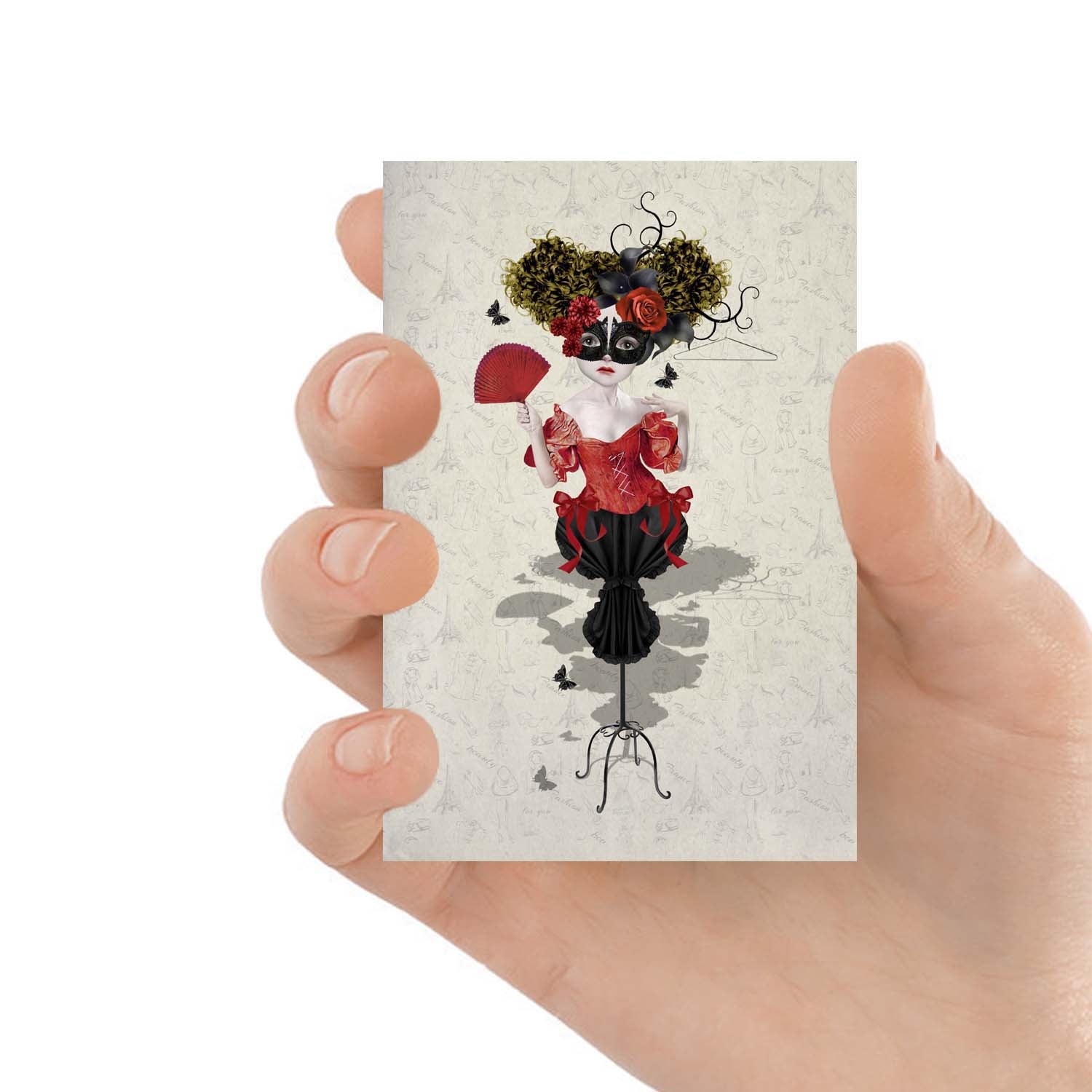 ACEO art card featuring a fashion mannequin, held in hand to showcase the miniature size and quirky design.