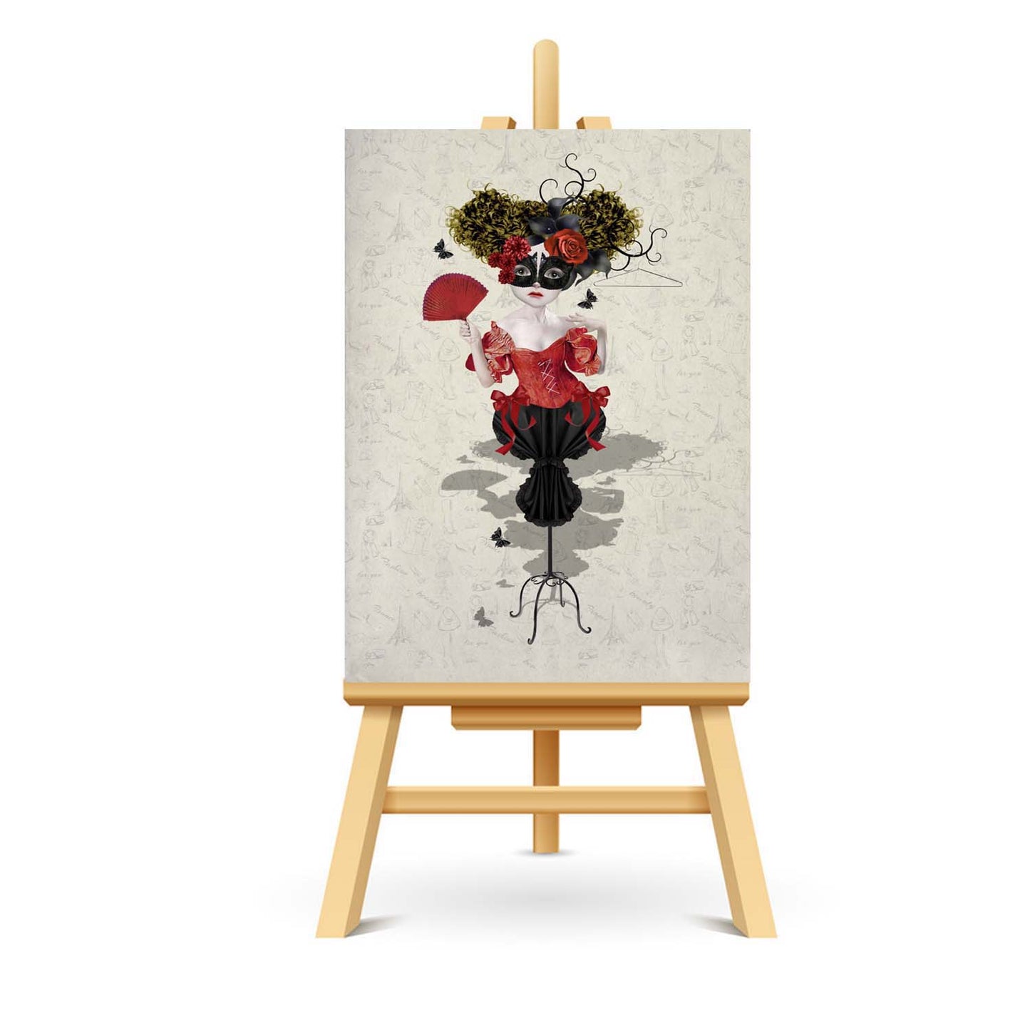 Fashion Mannequin ACEO art displayed on a stand. Whimsical miniature art print showcasing quirky style.