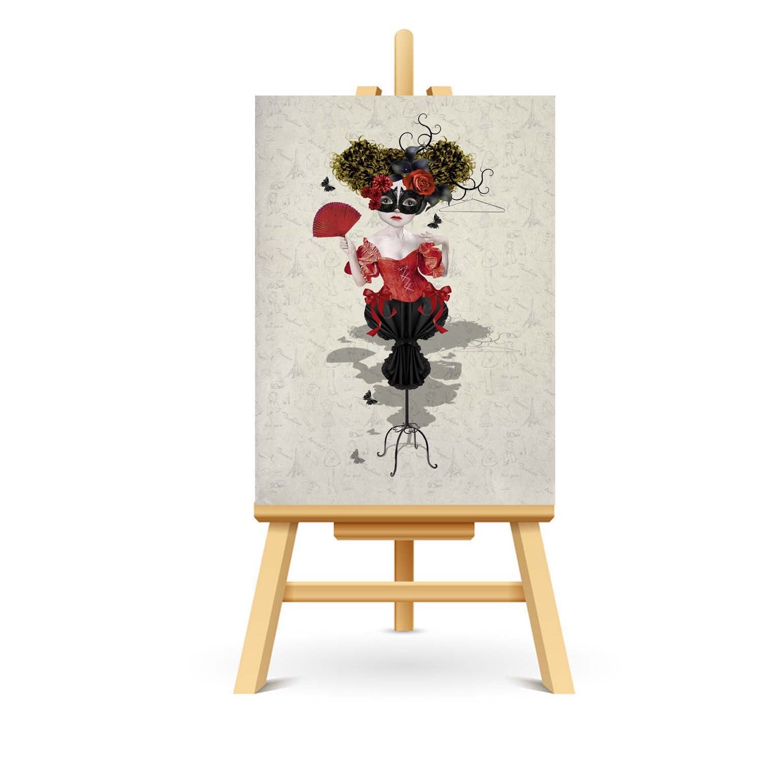 Fashion Mannequin ACEO art displayed on a stand. Whimsical miniature art print showcasing quirky style.