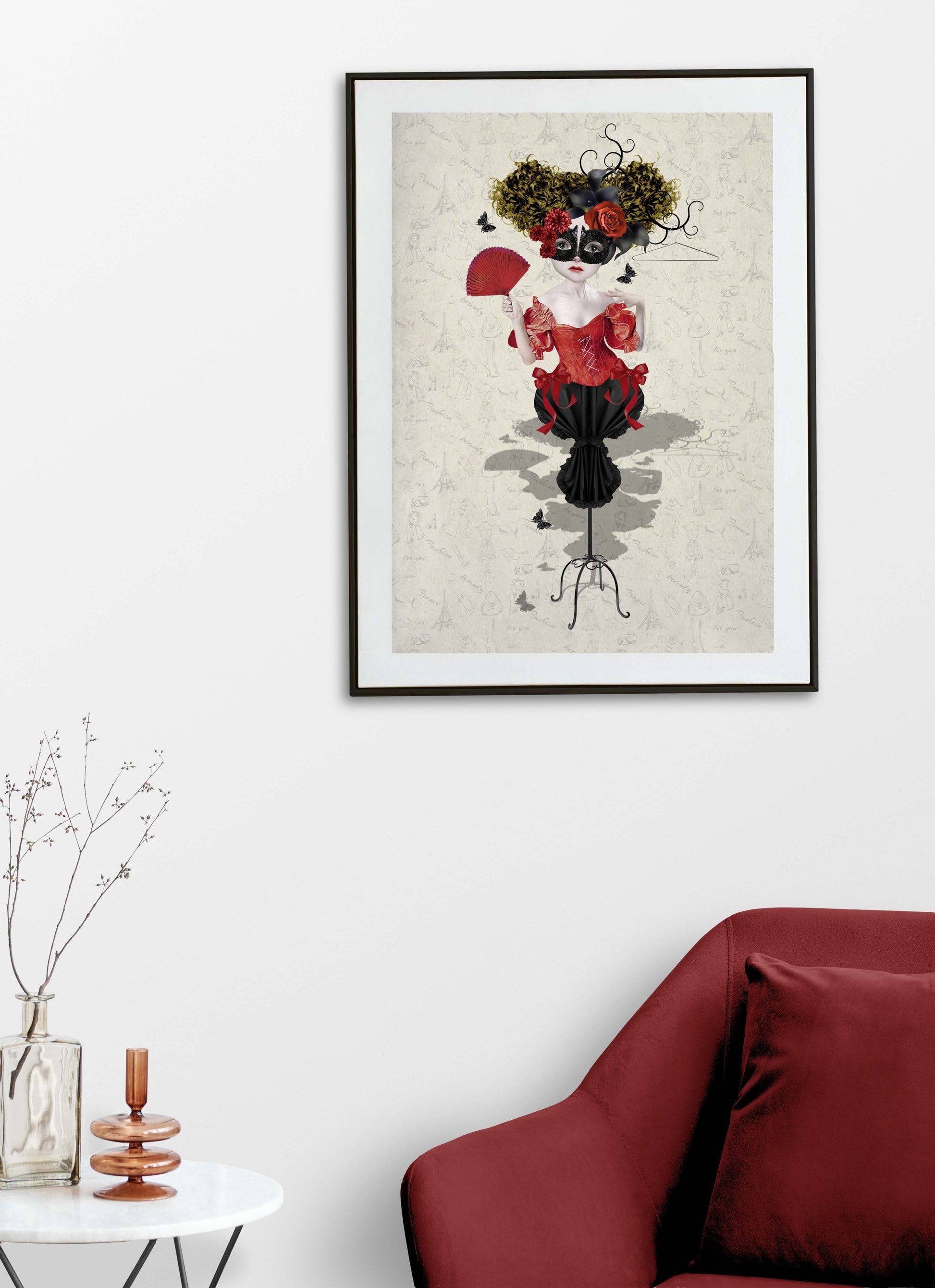 Fashion Mannequin art print hanging on the wall of a modern living room. Perfect for quirky or alternative home decor.
