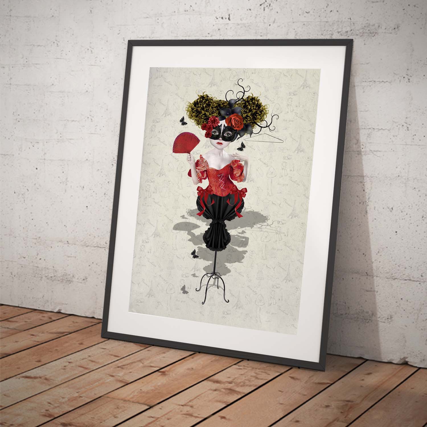 Art print featuring a fshion mannequin. Displayed in a tilted frame for a stylish presentation. Perfect quirky surreal decor.