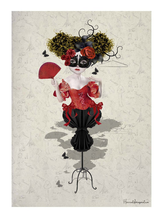 A Quirky surreal art print featuring a fashion mannequin, displayed without a frame.