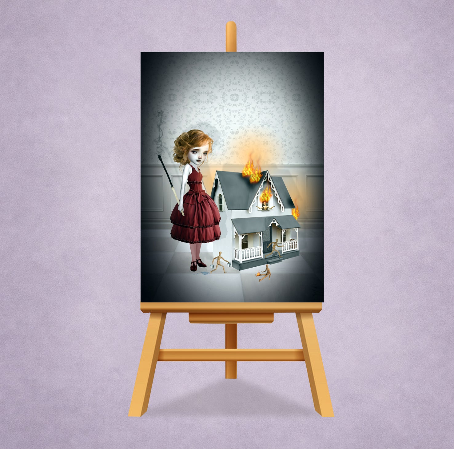 Firestarter ACEO art card on a small display stand. Featuring a surreal girl in a red dress holding a burnt match next to a flaming miniature dollhouse