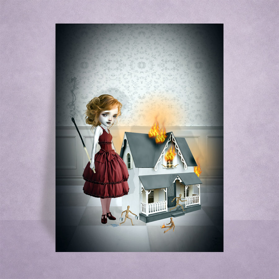 Firestarter ACEO art card displayed on a lilac background. Featuring a surreal girl in a red dress holding a burnt match next to a flaming miniature dollhouse