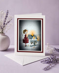 Art Greeting card illustration is a mischievous girl holding an oversized match standing beside a burning dollhouse.