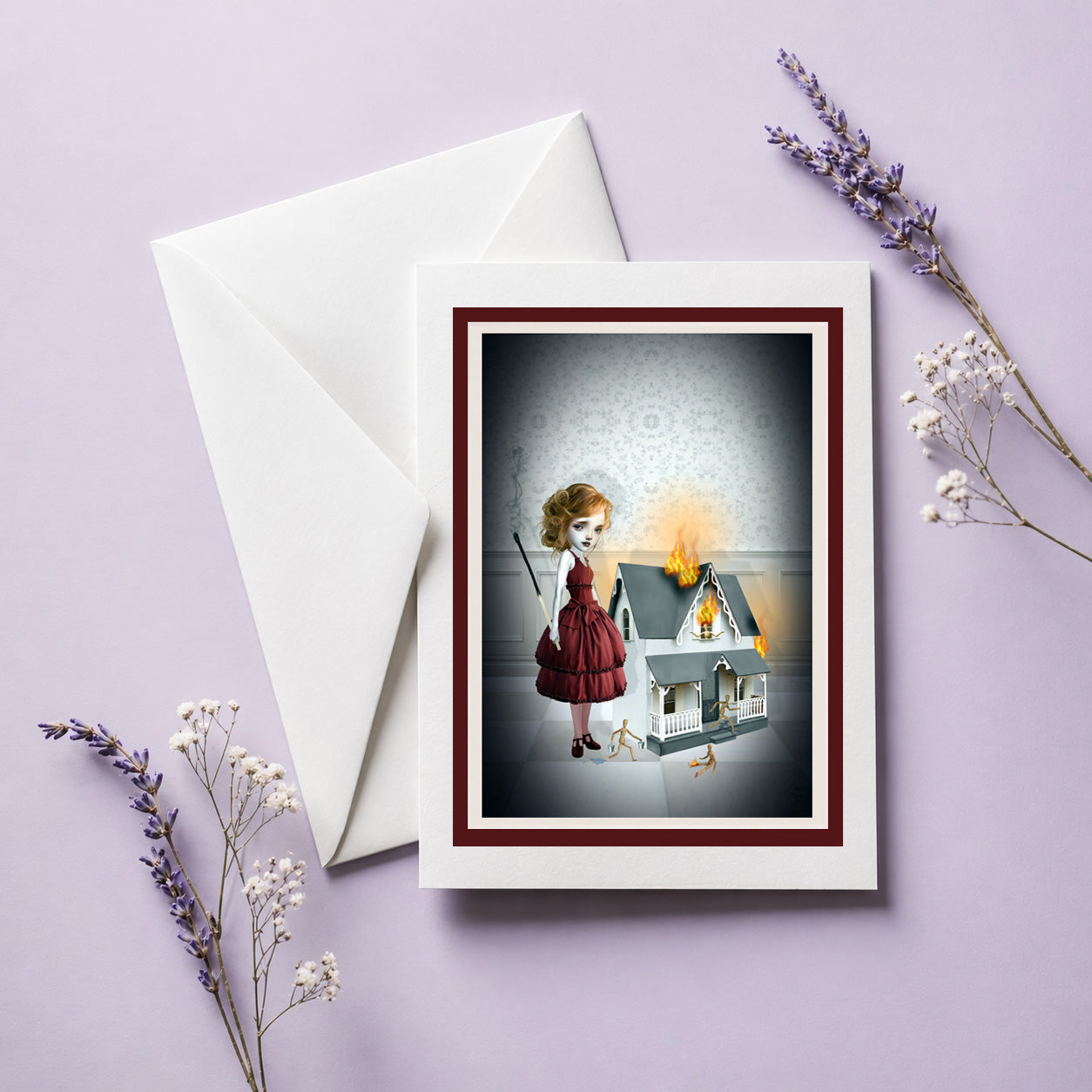 Art Greeting card with Envelope illustration is a mischievous girl holding an oversized match standing beside a burning dollhouse.