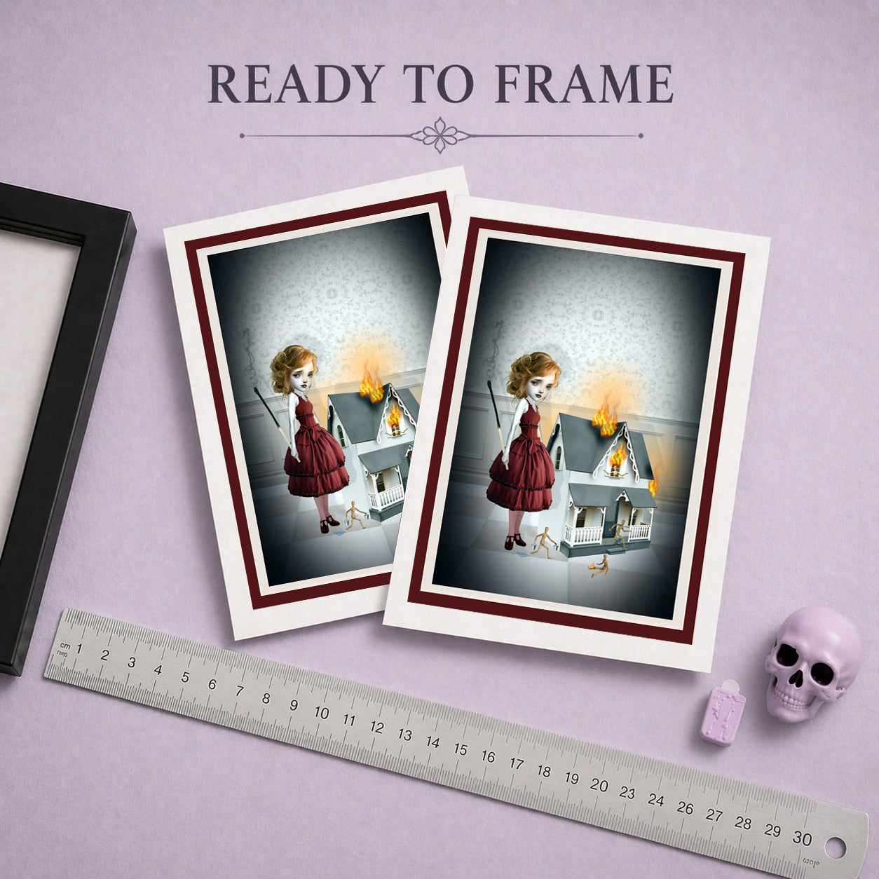 Ready to frame art Greeting card. illustration is a mischievous girl holding an oversized match standing beside a burning dollhouse.