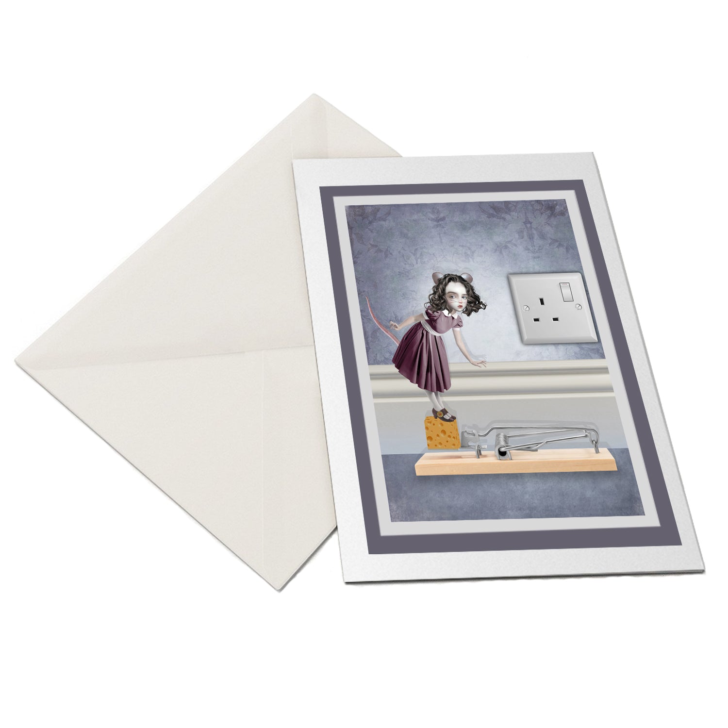 Whimsical Mouse Girl greeting card and envelope arranged in a flat lay.