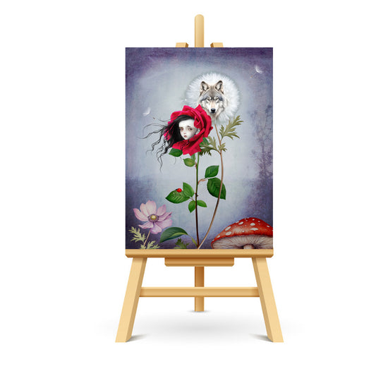 Miniature ACEO art of Floral Red Riding Hood & Wolf, blending fairy tale with floral displayed on a small stand.