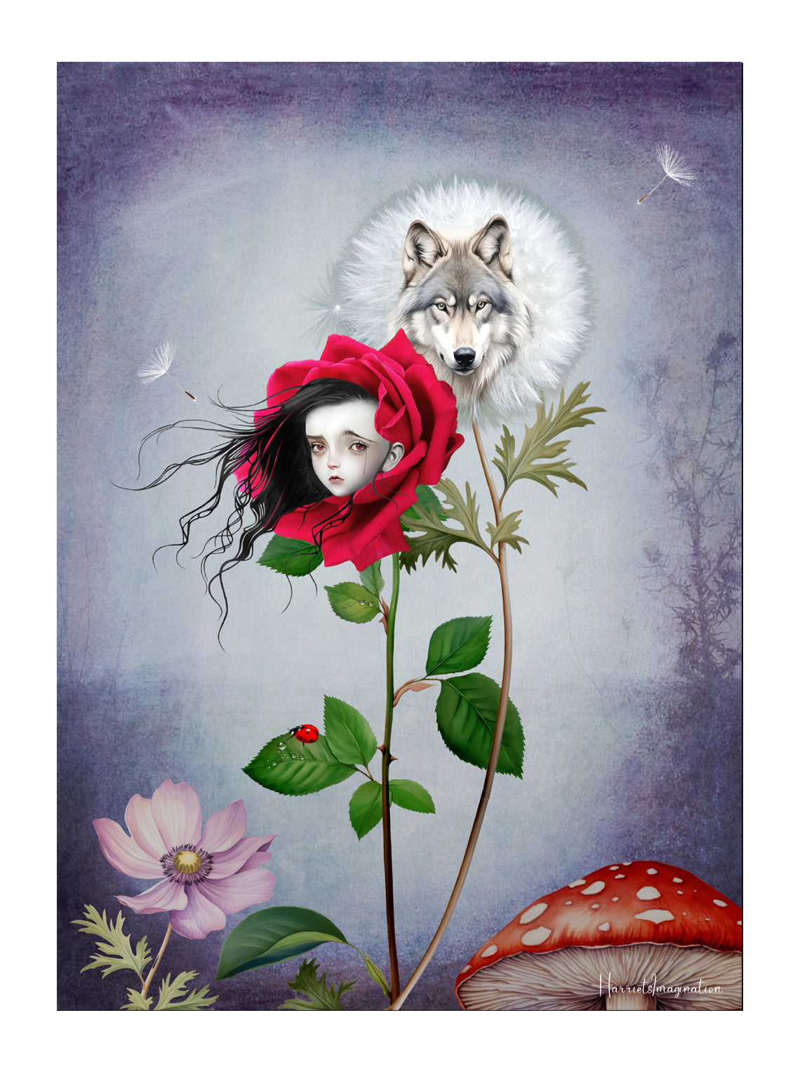 Floral Red Riding Hood & Wolf art print in a sleek frame, set against a white background.