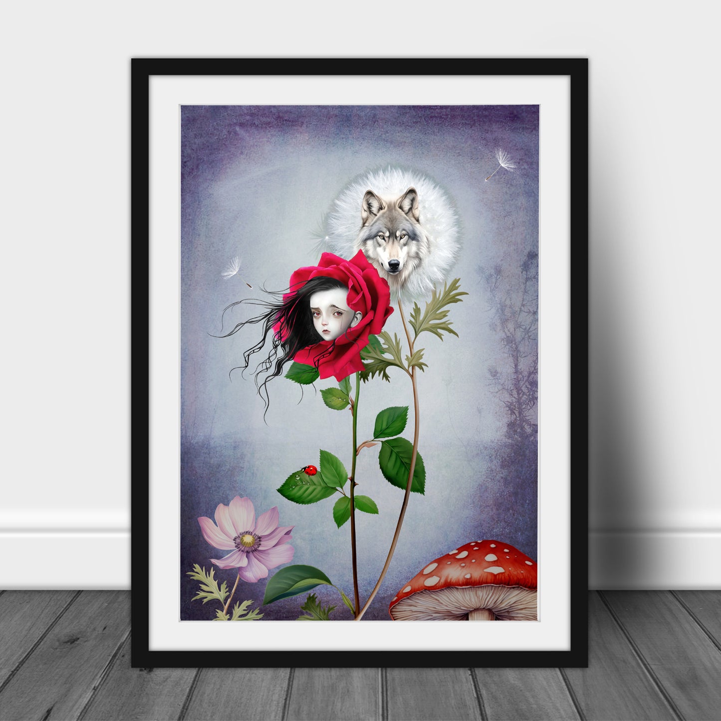 Art print of Floral Red Riding Hood & Wolf, leaning against a wall, creating a gothic and eerie atmosphere with dark and surreal elements