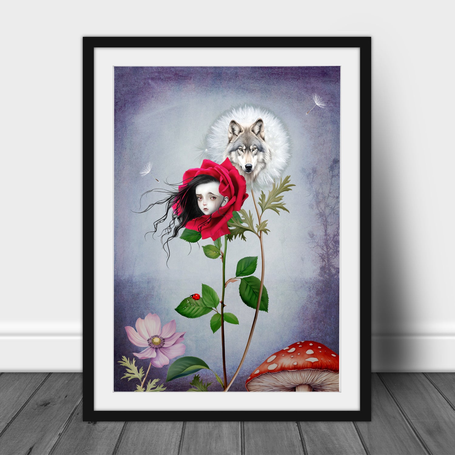 Art print of Floral Red Riding Hood & Wolf, leaning against a wall, creating a gothic and eerie atmosphere with dark and surreal elements