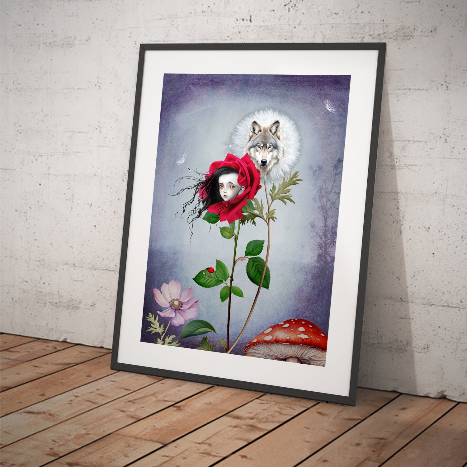 Floral Red Riding Hood & Wolf art print displayed in a tilted frame for a stylish presentation. Perfect for whimsical or Fairy tale -themed decor