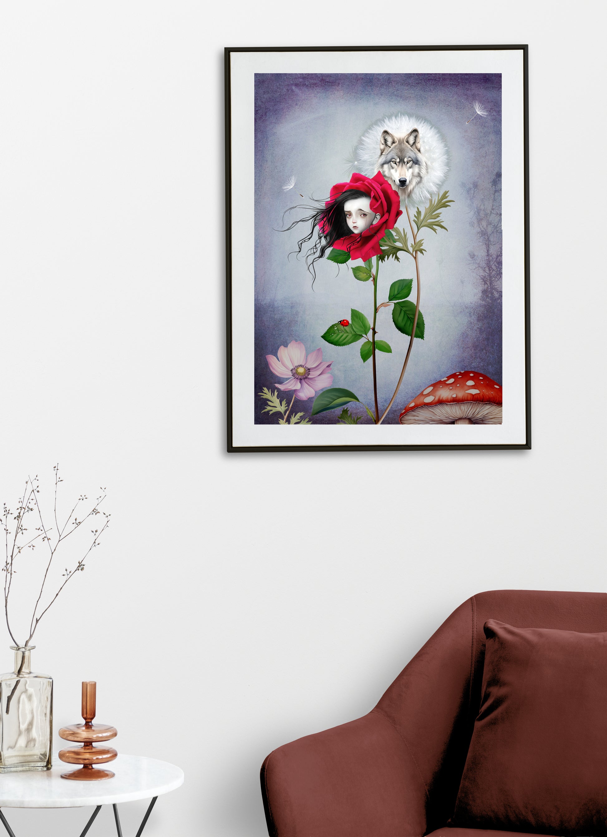 Floral Red Riding Hood & wolf art print hanging on the wall of a modern living room. Perfect for adding a fairy tale touch to your home decor.