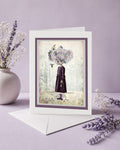 whimsical cottagecore greeting card features a girl with a flower bouffant