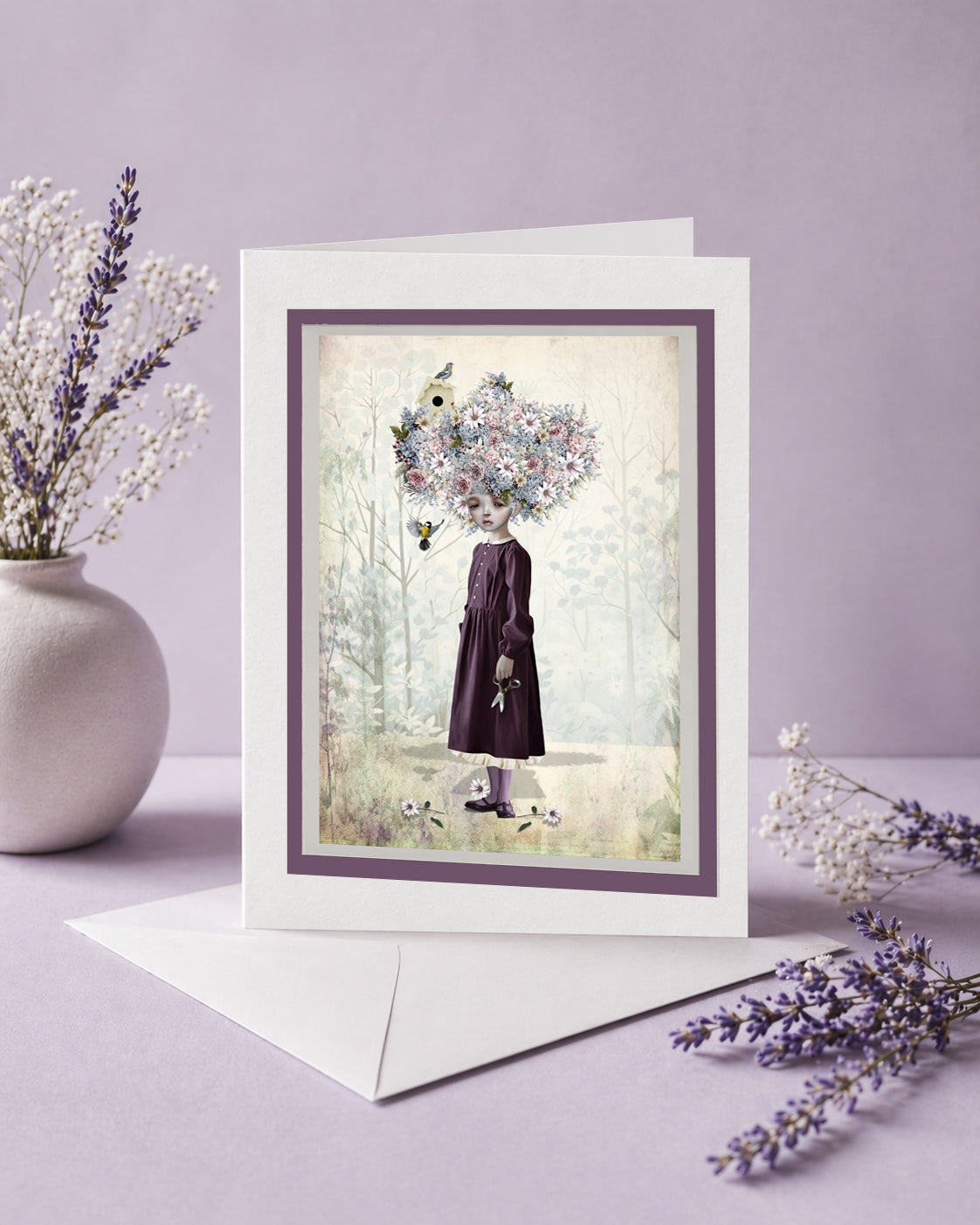 whimsical cottagecore greeting card features a girl with a flower bouffant