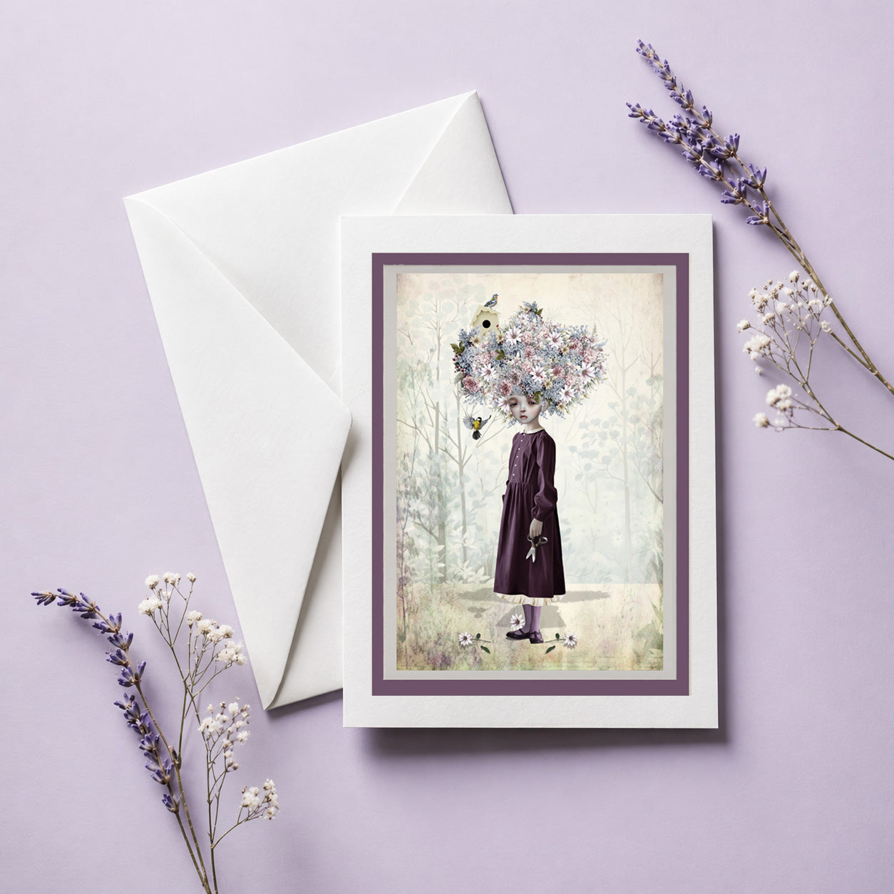 whimsical cottagecore greeting card features a girl with a flower bouffant, Card comes with envelope.