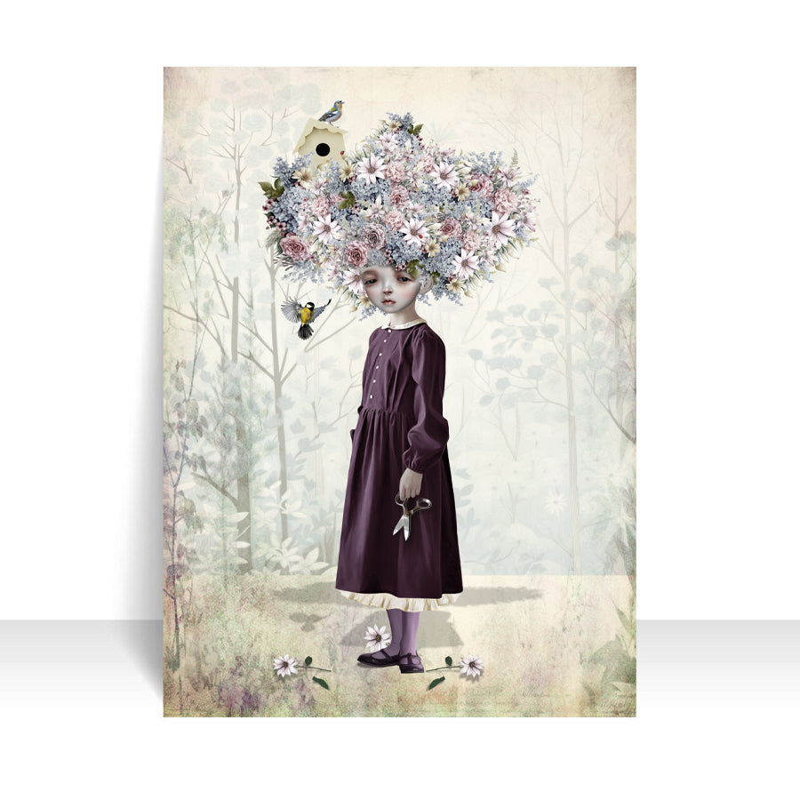 Surreal ACEO featuring a young girl with flowers blooming from her scalp instead of hair.