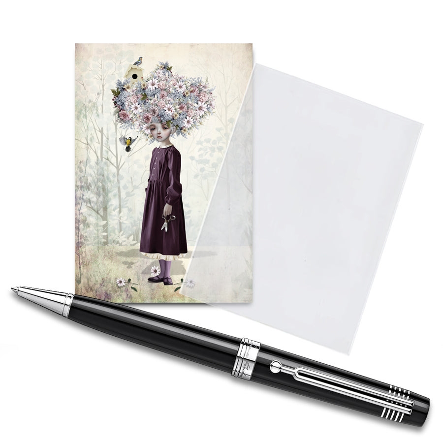 A surreal ACEO featuring a young girl with flowers blooming from her scalp instead of hair.