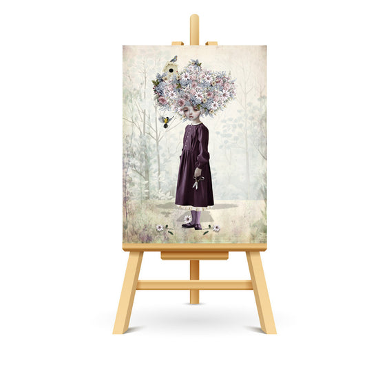 Flower girl ACEO, a surreal miniature artwork featuring a young girl with flowers blooming from her scalp instead of hair.