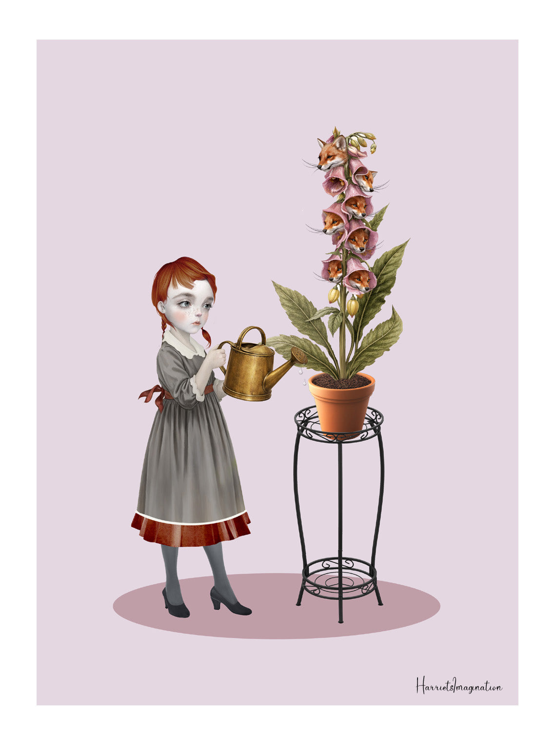 Illustration of a girl watering a tall foxglove plant with a pink background