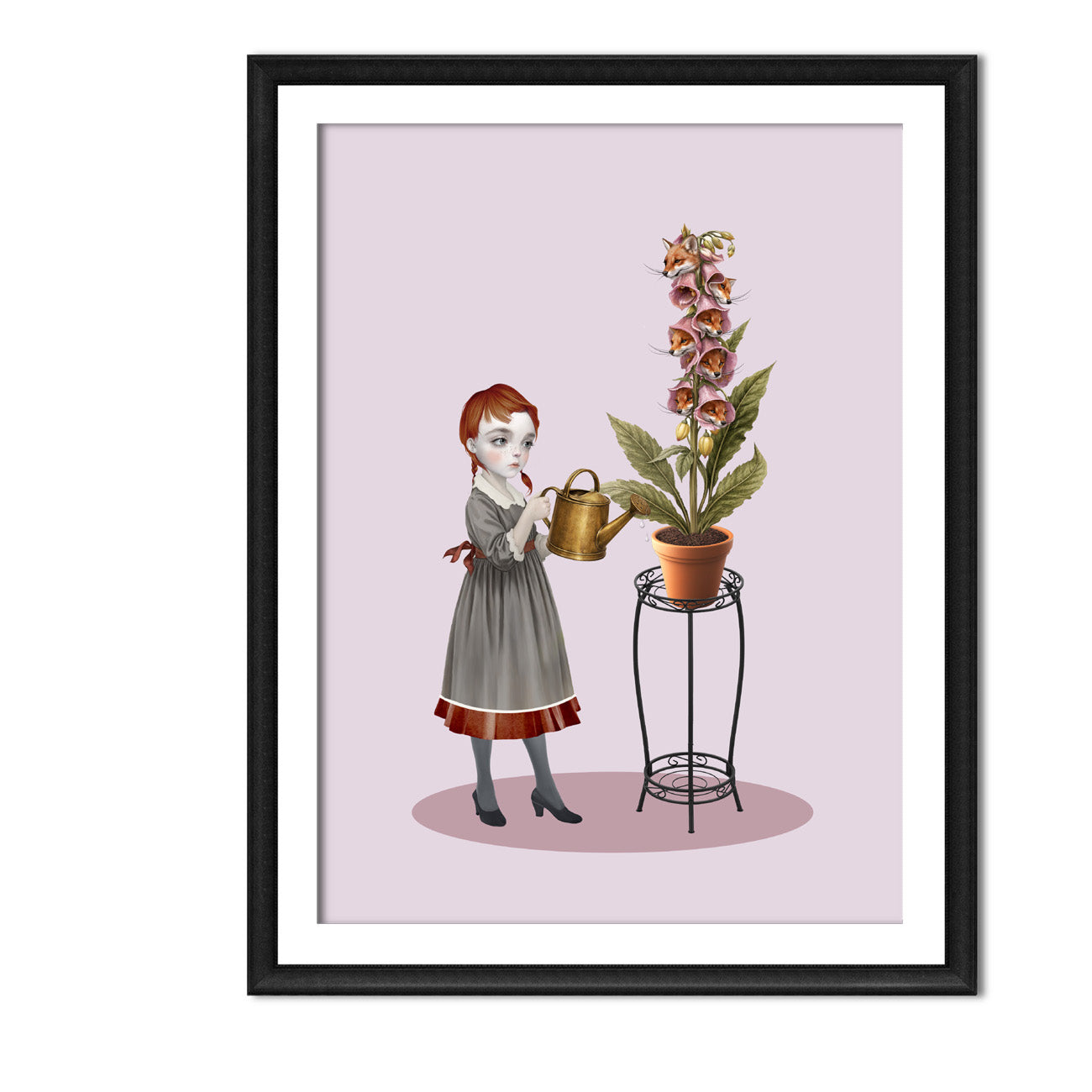 Framed artwork of a girl watering a tall foxglove with real fox heads with a watering can on a pink background.