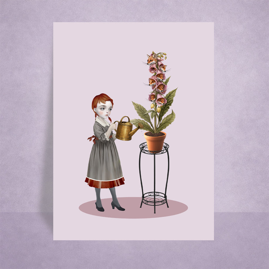 ACEO Illustration of a girl watering a foxglove with real fox heads, on a lilac background.