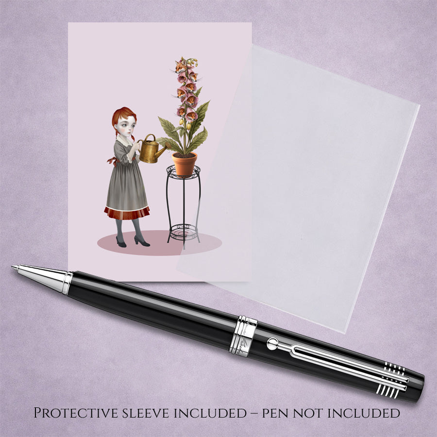Foxglove Girl ACEO art card with Pen with protective sleeve on a light purple background