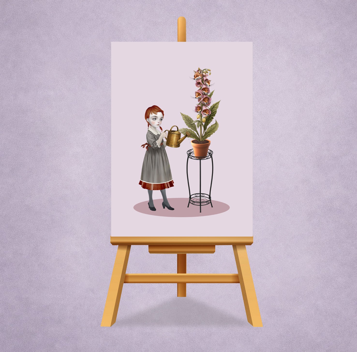 ACEO Illustration of a girl with foxglove flowers on an easel against a light purple background