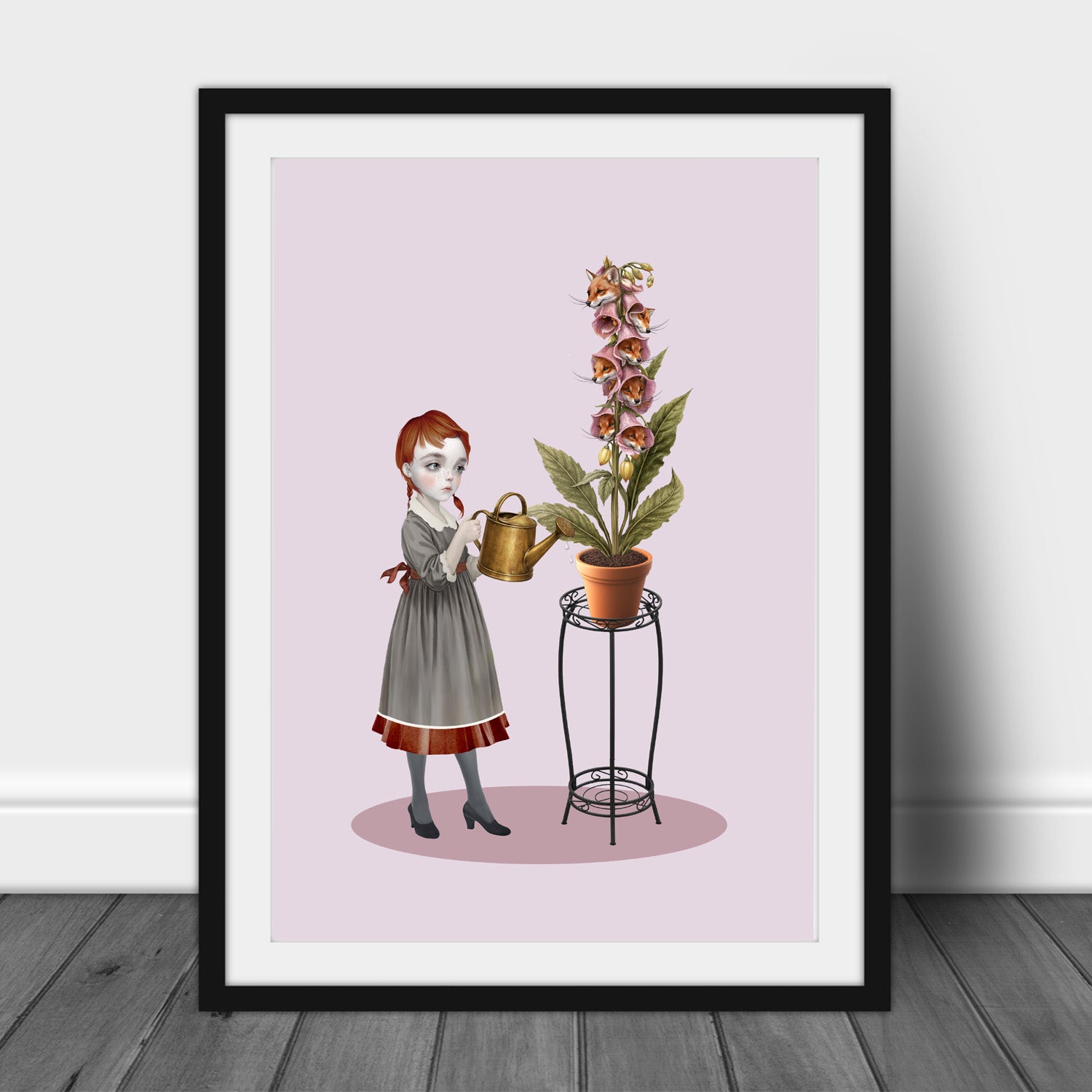 Framed artwork of a girl watering a tall foxglove plant on a pink background