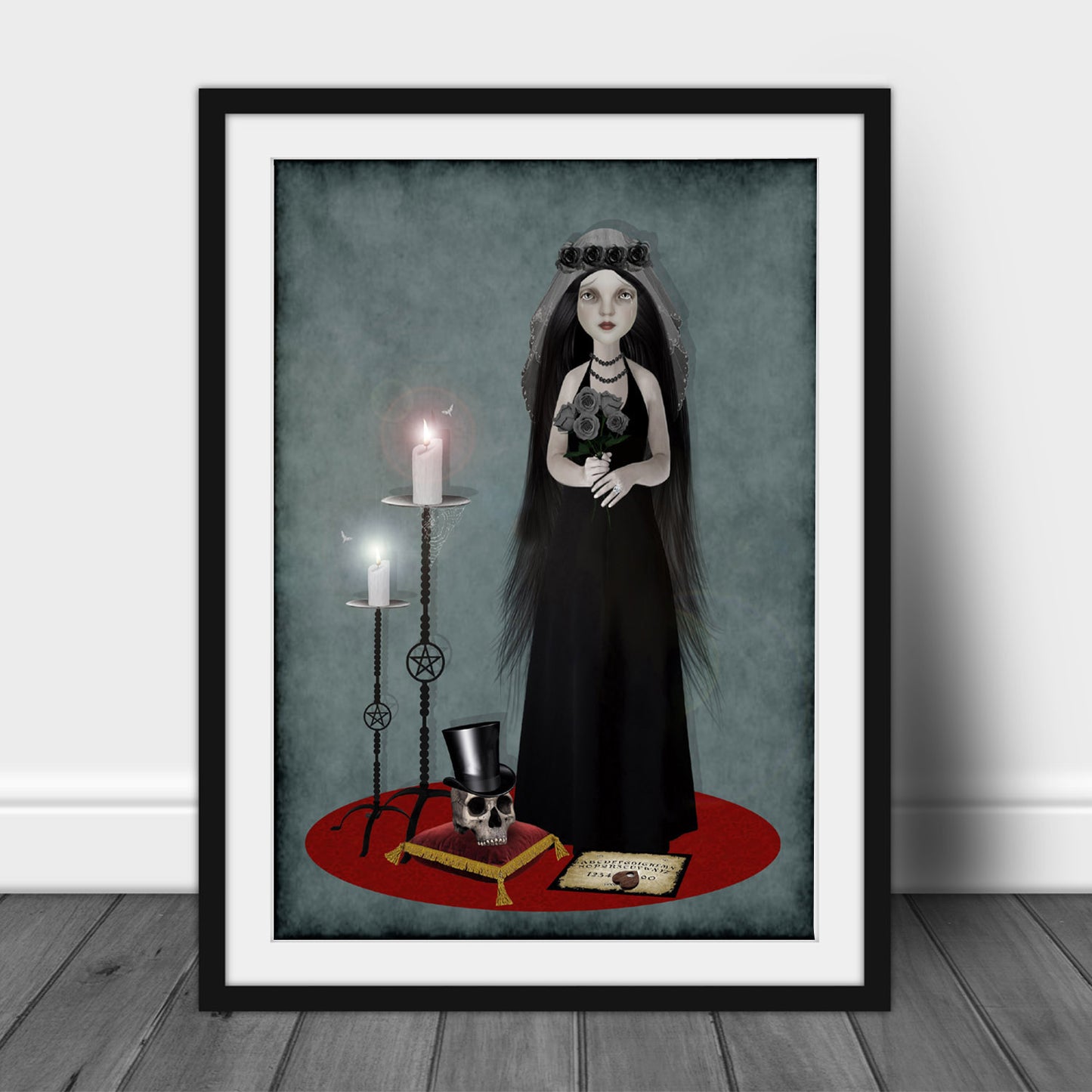 Gothic bride & skull art print, dark romance wall decor, perfect for gothic weddings and home decor.