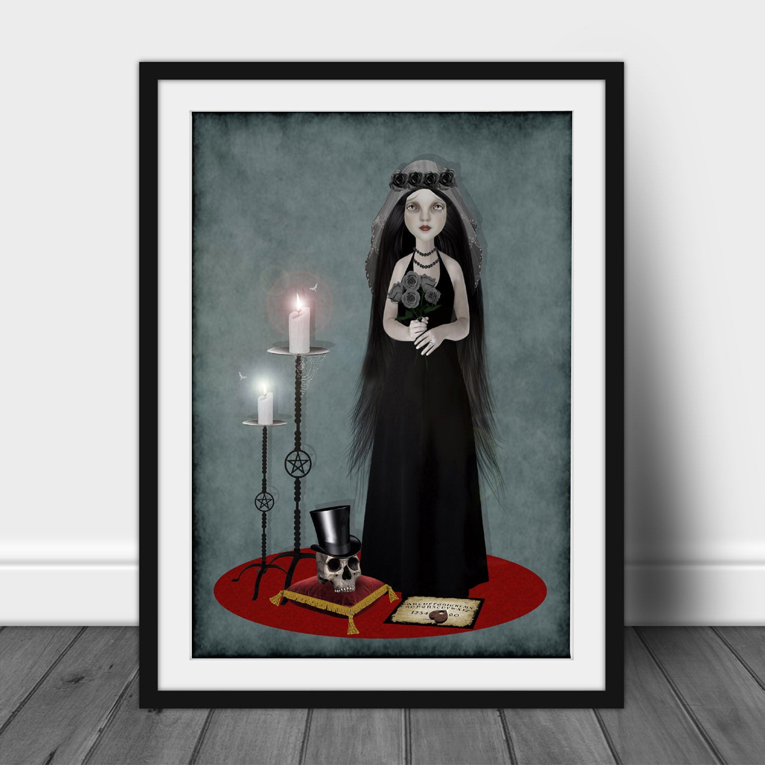 Gothic bride & skull art print, dark romance wall decor, perfect for gothic weddings and home decor.