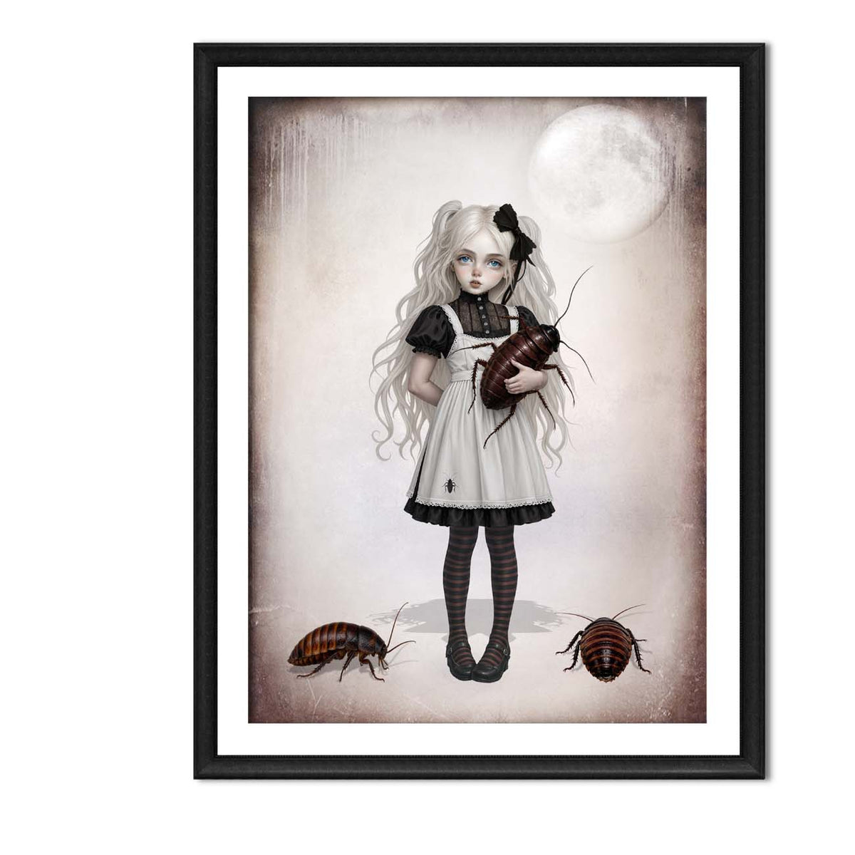 Framed A4 art print of a whimsical gothic girl with pigtails holding a giant cockroach against a pale moon backdrop