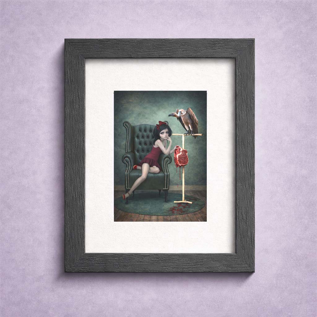 Framed ACEO art card of a girl in a red dress with a vulture on a perch, against a purple wall.