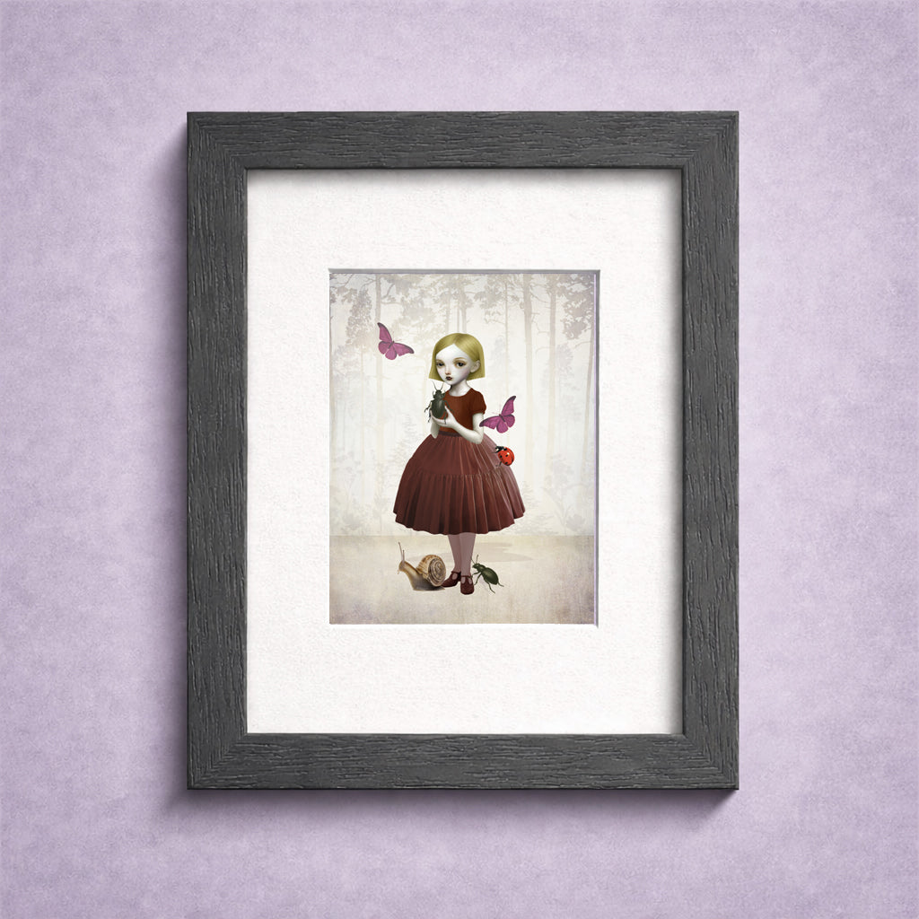 Framed ACEO artwork of a girl in a red dress with butterflies and beetles 
on a light purple wall.